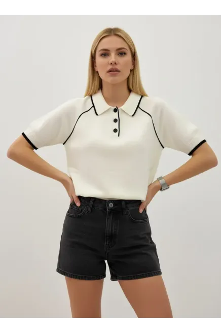 Kadın Polo Yaka Çizgi Detay Düğmeli Triko Kazak 12432