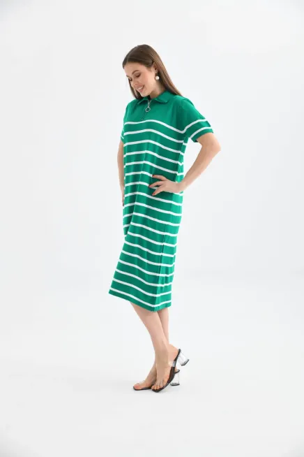 Kadın Polo Yaka Çizgili Maksi Boy Triko Elbise 10027