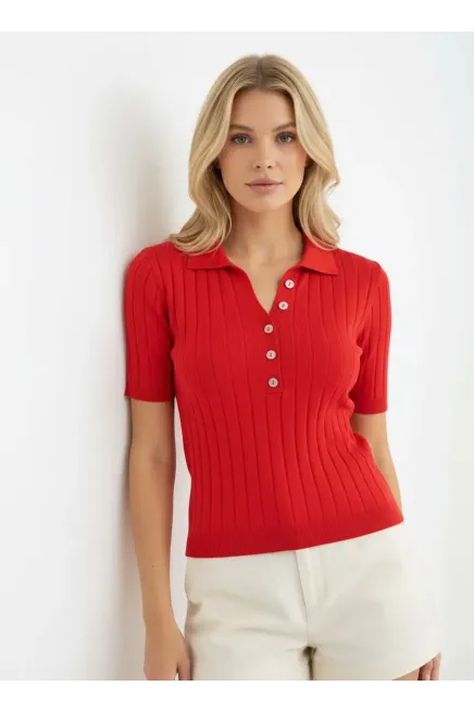 Kadın Polo Yaka Düğme Detay Viskon Kaşkorse Triko Kazak 12455.Vrt