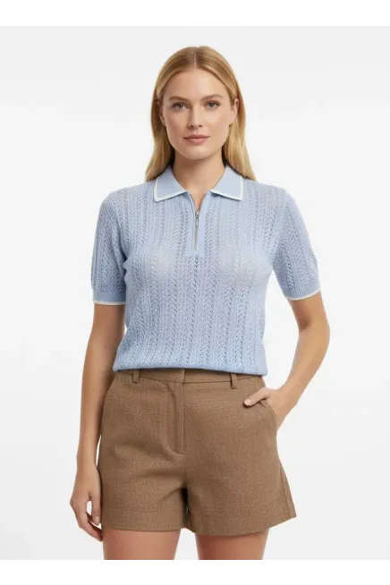 Kadın Polo Yaka Fermuar Detay Ajurlu Triko Kazak 12461