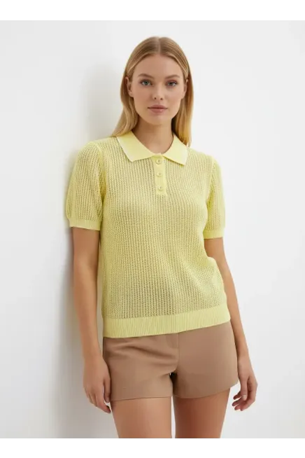 Kadın Polo Yaka Örgü Detay Düğmeli Triko Kazak 12468