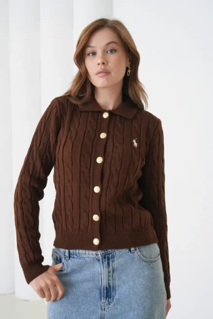 Kadın Polo Yaka Saç Örgü Düğme Detay Triko Hırka 8525Sw