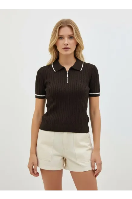 Kadın Polo Yaka Saç Örgü Fermuar Detay Detay Triko Kazak 12441