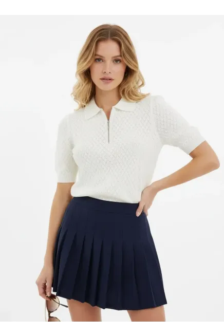 Kadın Polo Yaka Yarım Pat Fermuar Ajurlu Triko Kazak 12429