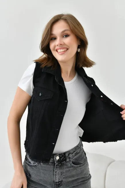 Kadın Siyah Düğme Detay Jean Yelek