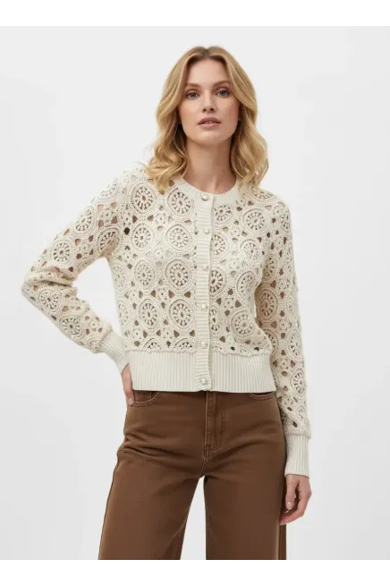 Kadın Taş Kroşe Detaylı Bisiklet Yaka Triko Hırka HI0004