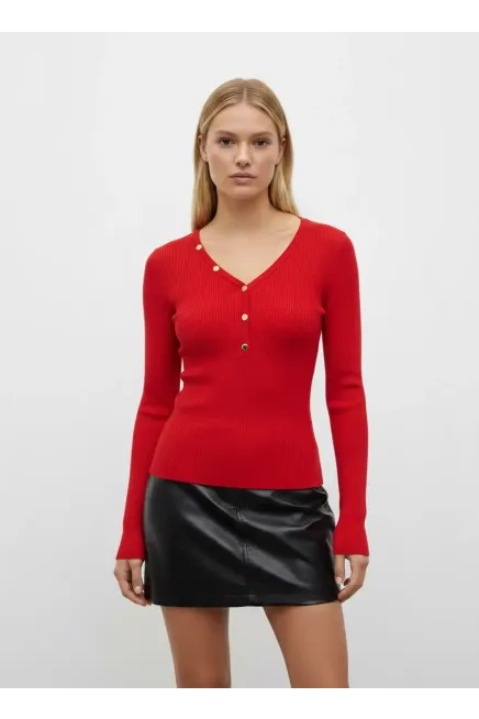 Kadın V Yak Lux Touch Gold Düğme Detay Premium İplik Tirko Kazak 12417