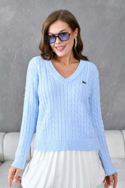 Kadın V Yaka Saç Örgü Triko Kazak 8450Sw
