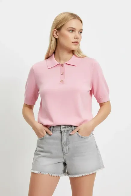 Polo Yaka Düğme Detaylı Triko Kazak