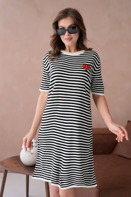 10173 Kadın Bisiklet Yaka Nakış Detay Çizgil Triko Elbise