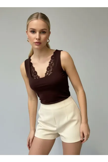 26004 Kadın Dantel Detaylı Kare Yaka Modal Örme Bluz