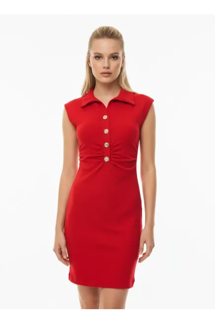 26008 Kadın Polo Yaka Mini Boy Yarım Pat Düğmeli  Oysho Kumaş Örme Elbise