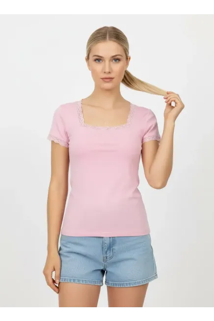 26016 Kadın Dantel Detaylı Kare Yaka Modal Örme Bluz