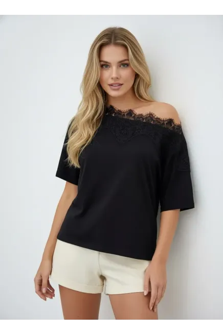 26028 Kadın %100 Pamuk Dantel Detaylı Kayık Yaka Örme Bluz