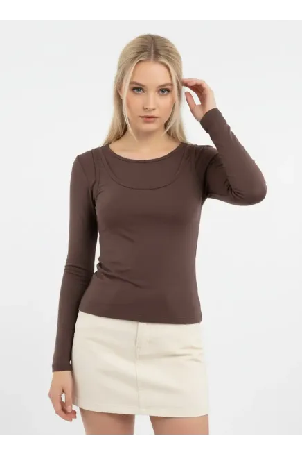 26031 Kadın Geniş Yaka Slim Fit Tasrım Modal Penye Bluz