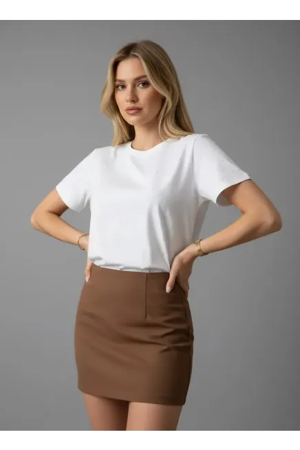 26047 %100 Pamuk Kadın Bisiklet Yaka Taş İşleme Oversize Penye Bluz