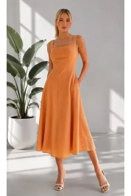 Kadın Dar Kesim %100 Pamuk Kare Yaka Askılı Midi Boy Astarlı Dokuma Elbise 26081
