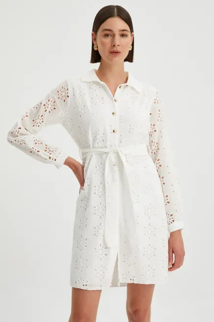 Kadın Brode Düğme Detaylı Astarlı Gömlek Elbise