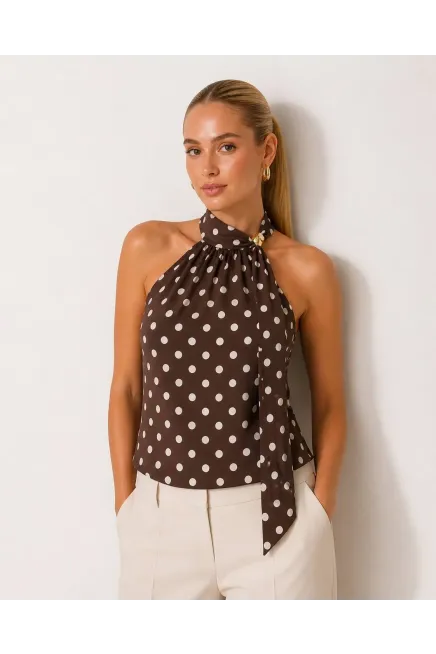 Kadın Fular Detay Puantiyeli Kolsuz Slimfit Örme Bluz 26054