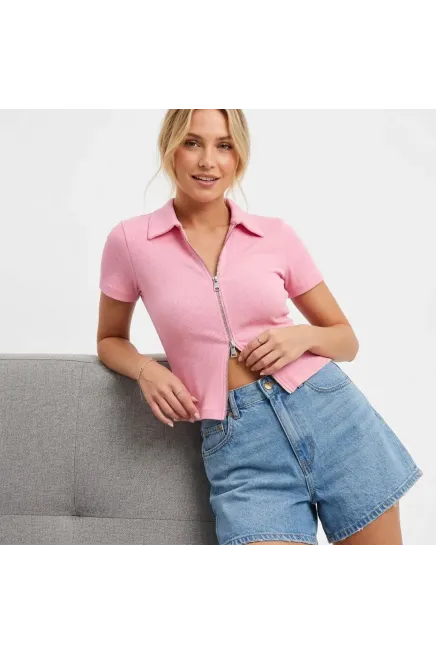 Kadın Polo Yaka Çift Fermuarlı Kaşkorse Body Bluz 13004