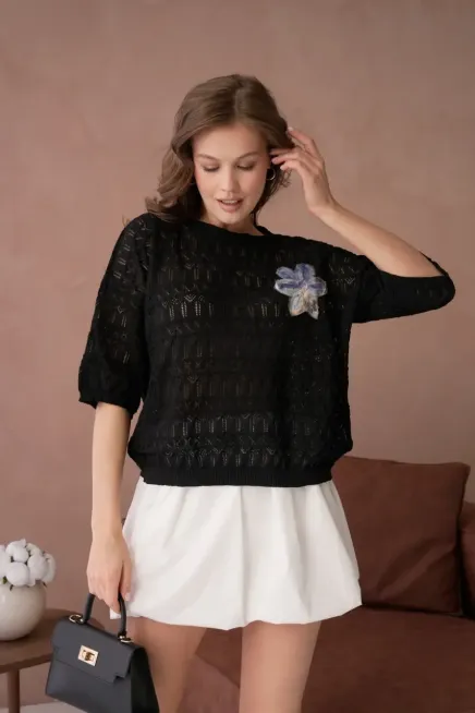 Kadın Siyah Ajurlu Mevsimlik Salaş Triko Kazak