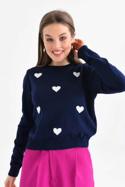 Bisiklet Yaka Kalp Desenli Triko Kazak