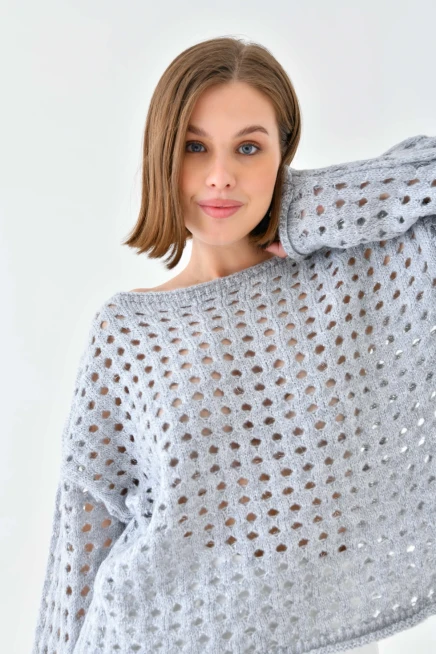 Simli Örgü Detaylı Oversize Bisiklet Yaka Triko Kazak