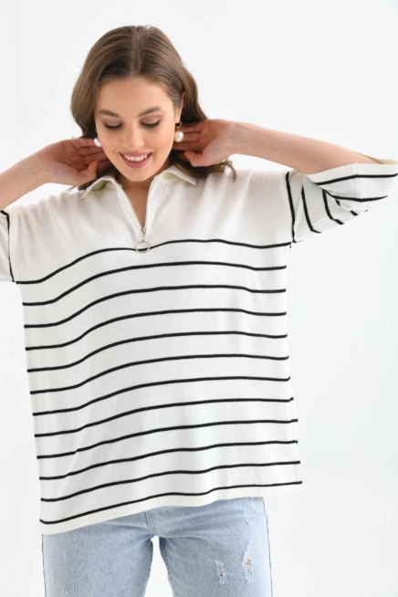 Polo Yaka Fermuarlı Çizgili Uzun Triko Kazak